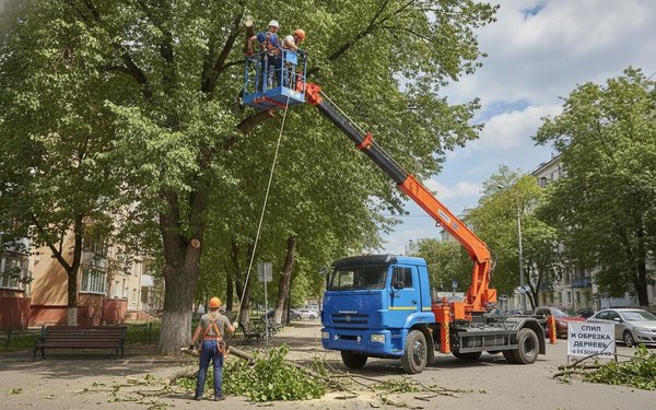 Спил и обрезка деревьев автовышкой